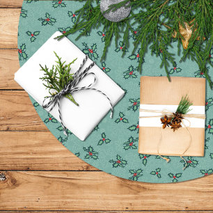 Christmas tree skirt, holly and snowflakes on blue brushed polyester tree skirt