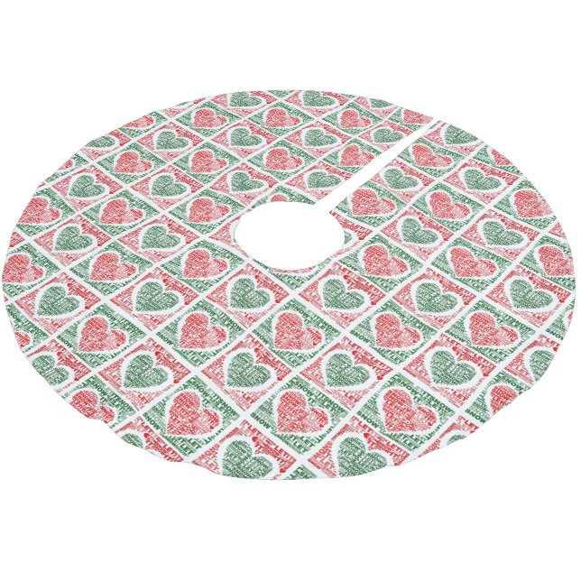 Christmas Tree Skirt Red Green Hearts Let It Snow (Angled)