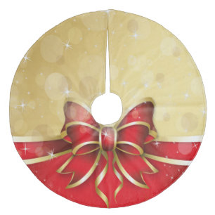 Christmas Tree Skirt/Red Ribbon and Bow on Gold Fleece Tree Skirt