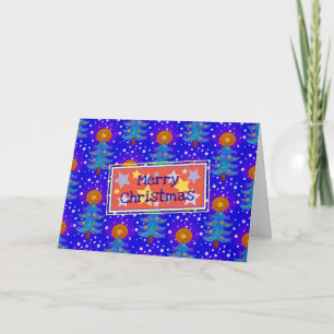 Christmas tree, snow and stars blue orange green card