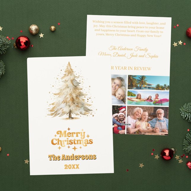 Christmas tree snow beige photo year in review holiday card (Creator Uploaded)