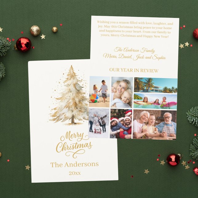 Christmas tree snow beige photo year in review holiday card (Creator Uploaded)