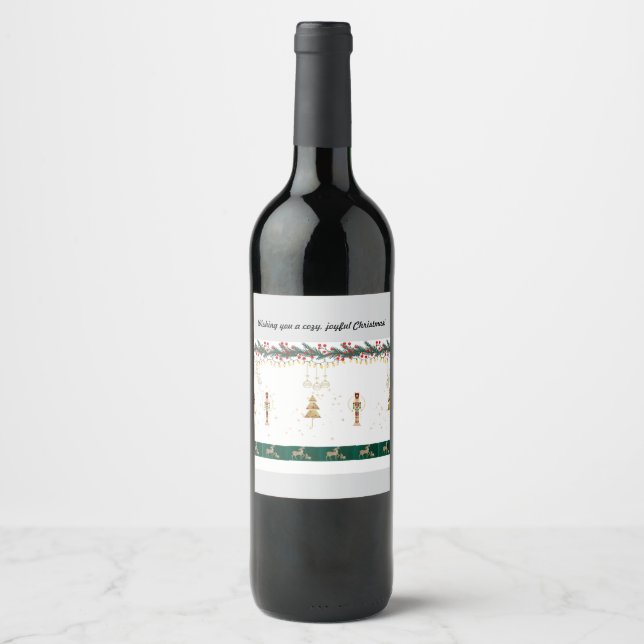  Christmas tree, snow , deer wrapping paper Wine Label (Front)