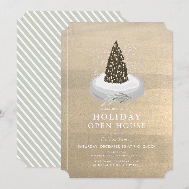 Christmas Tree Snow Globe Gold Holiday Open House Invitation (Front/Back)