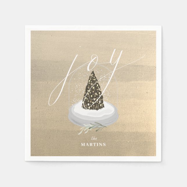 Christmas Tree Snow Globe Gold Joy Holiday Paper Napkin (Front)