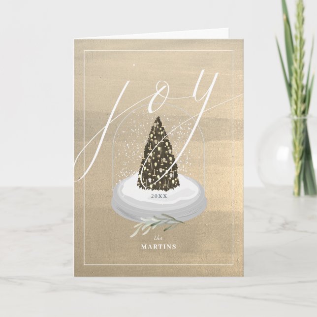 Christmas Tree Snow Globe Gold Joy Photo Holiday Card (Front)