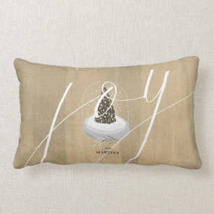 Christmas Tree Snow Globe Gold Joy Script Holiday Lumbar Cushion