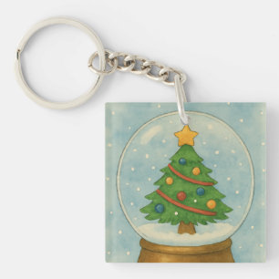 Christmas Tree Snow Globe in Watercolor Winter Key Ring