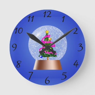 Christmas Tree Snow Globe Round Clock