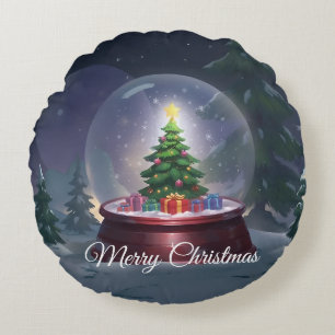 Christmas Tree Snow Globe Round Cushion