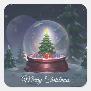 Christmas Tree Snow Globe Square Sticker