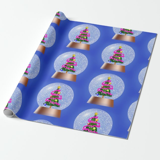 Christmas Tree Snow Globe Wrapping Paper (Unrolled)