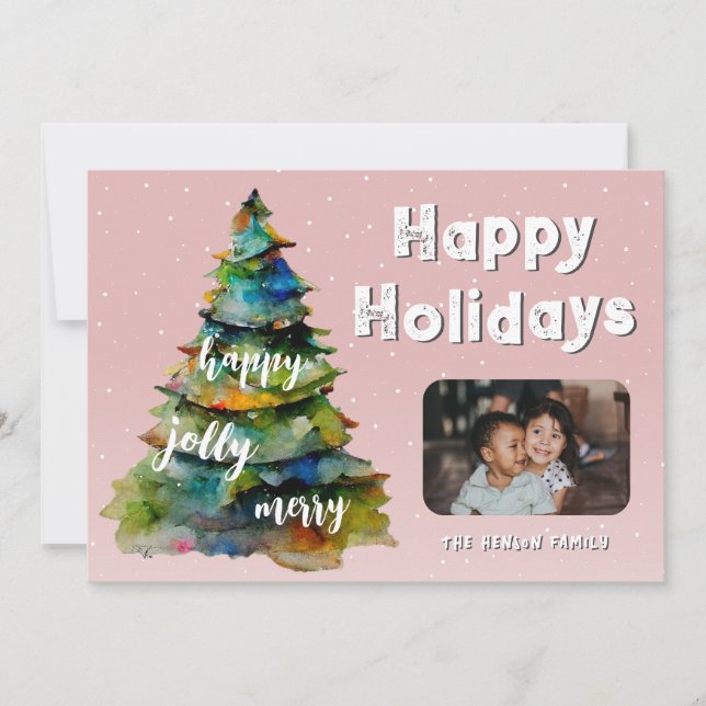 Christmas Tree Snow Watercolor Pink Family Photo Holiday Card (Front)