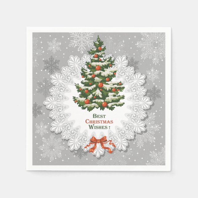 Christmas Tree, Snowflake and Red Christmas Balls Napkin (Front)