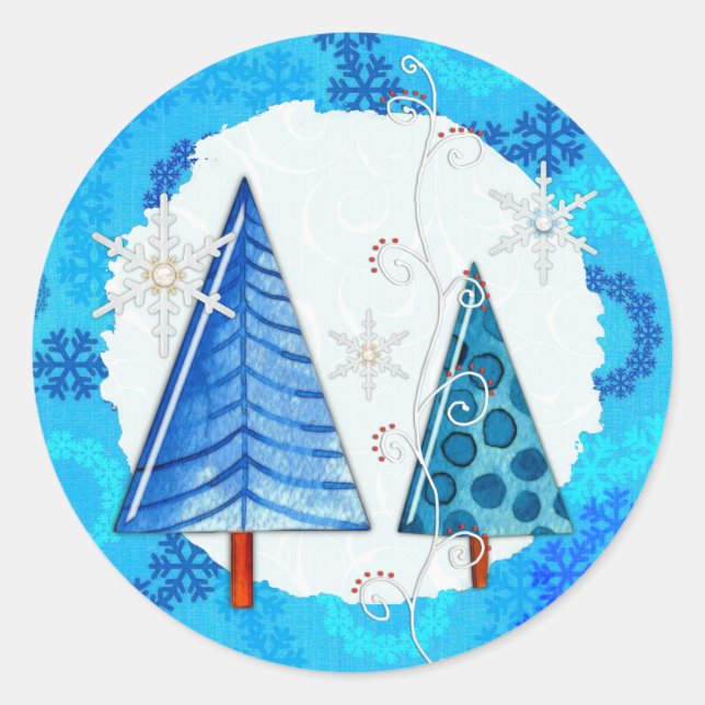 Christmas Tree & Snowflake Jewelled Classic Round Sticker (Front)