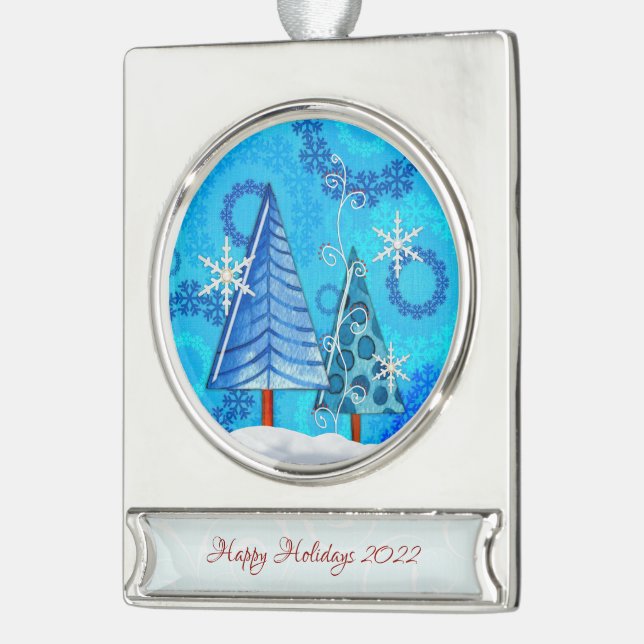 Christmas Tree & Snowflake Jewelled Silver Plated Banner Ornament (Left)