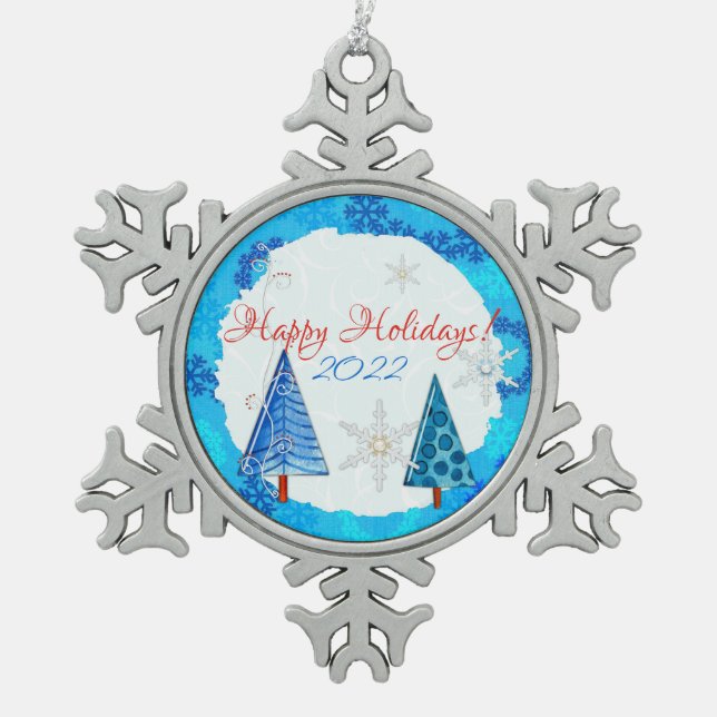 Christmas Tree & Snowflake Jewelled Snowflake Pewter Christmas Ornament (Front)