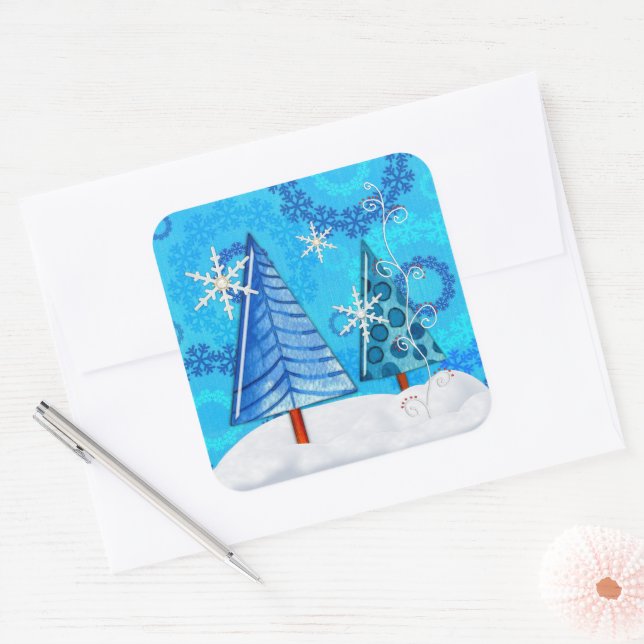 Christmas Tree & Snowflake Jewelled Square Sticker (Envelope)