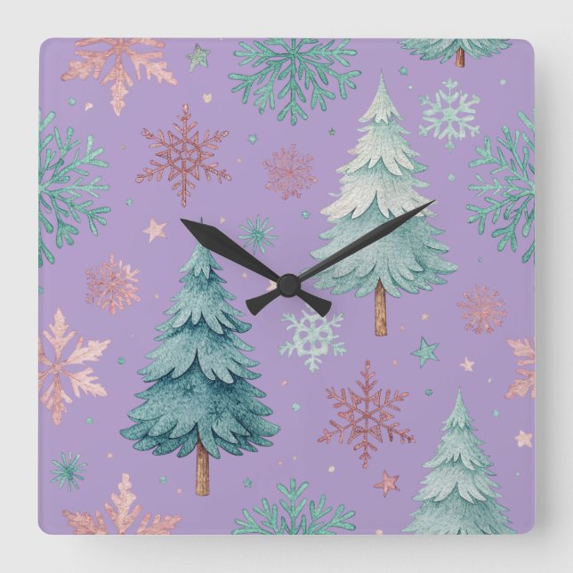 Christmas Tree & Snowflake Square Wall Clock (Front)