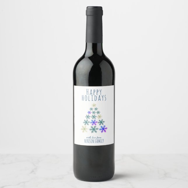 Christmas Tree Snowflakes Festive Personalizable Wine Label (Front)