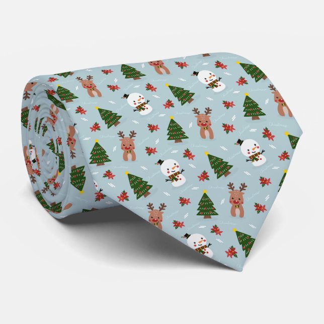 Christmas Tree Snowman and Reindeer Tie (Rolled)