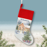 Christmas Tree Snowman Children Gifts Winter Scene Christmas Stocking<br><div class="desc">This beautiful Christmas stocking features a romantic winter wonderland watercolor illustration with a Christmas tree in a snowy landscape with presents, berries and branches. In the background you can see a cosy house and children building a snowman. A lantern illuminates the wintry scene. Get the stocking in time to make...</div>