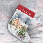 Christmas Tree Snowman Children Gifts Winter Scene Large Christmas Stocking<br><div class="desc">🌟🎄 This wonderful Christmas stocking features a romantic winter wonderland illustration featuring a Christmas tree in a snowy landscape with presents, berries and branches. In the background you can see a cosy house and children building a snowman. A hand-drawn lantern illuminates the wintry scene.✨ Share the magic of the winter...</div>
