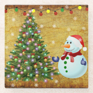 Christmas Tree Snowman Glass Coaster