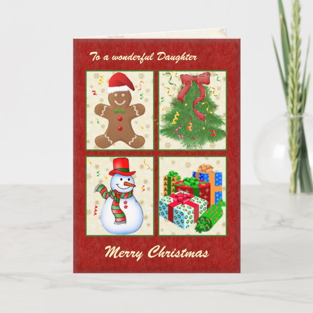 Christmas tree, snowman, presents, gingerman holiday card (Front)
