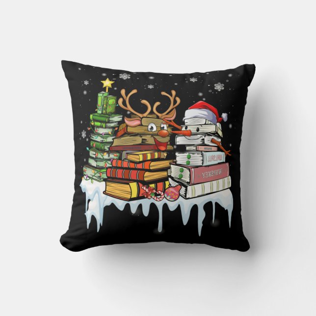 Christmas Tree Snowman Reindeer Book Librarian Cushion (Front)