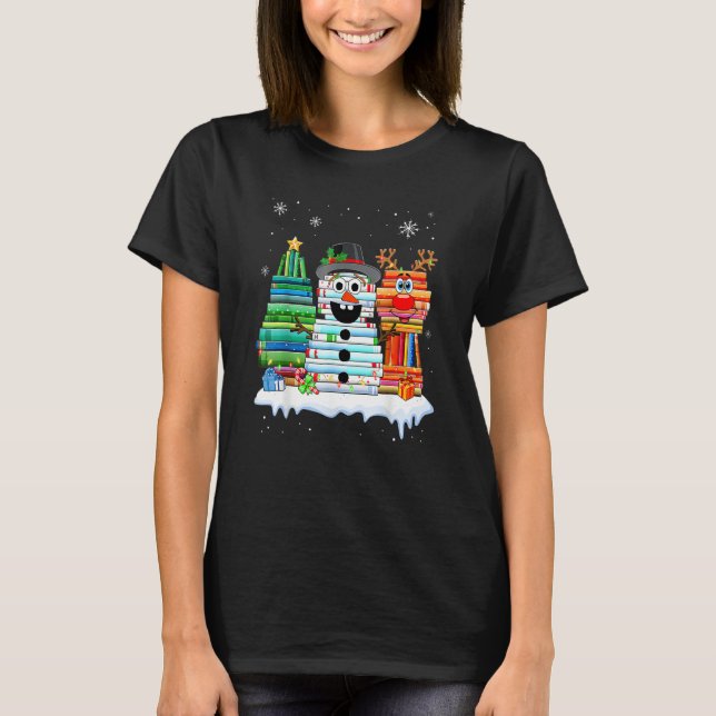 Christmas Tree Snowman Reindeer Book Stack Librari T-Shirt (Front)