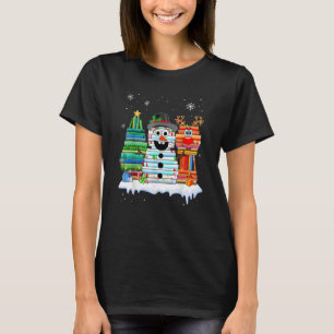 Christmas Tree Snowman Reindeer Book Stack Librari T-Shirt