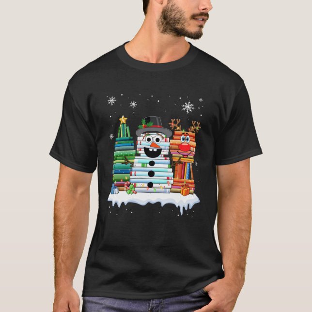 Christmas Tree Snowman Reindeer Book Stack Librari T-Shirt (Front)