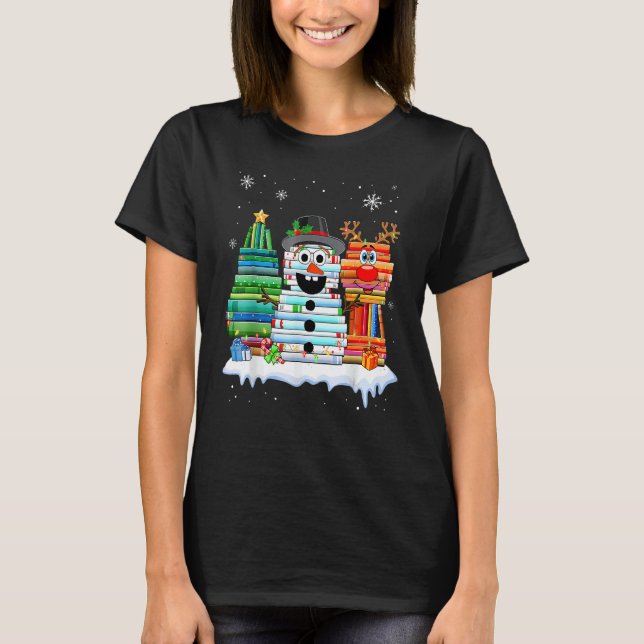 Christmas Tree Snowman Reindeer Book Stack Librari T-Shirt (Front)