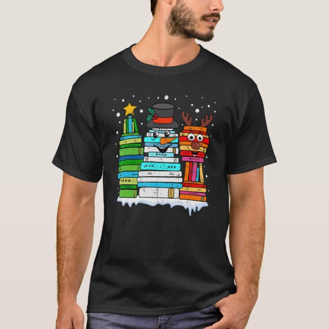 Christmas Tree Snowman Reindeer Book Stack Librari T-Shirt (Front)