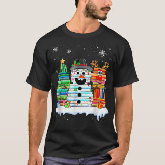 Christmas Tree Snowman Reindeer Book Stack Tee For