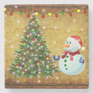 Christmas Tree Snowman Stone Coaster