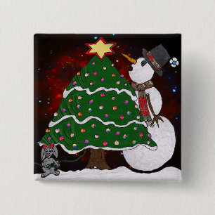 Christmas Tree Snowman Surprise Art Print 15 Cm Square Badge
