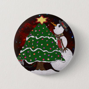 Christmas Tree Snowman Surprise Art Print 6 Cm Round Badge