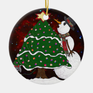 Christmas Tree Snowman Surprise Art Print Ceramic Tree Decoration