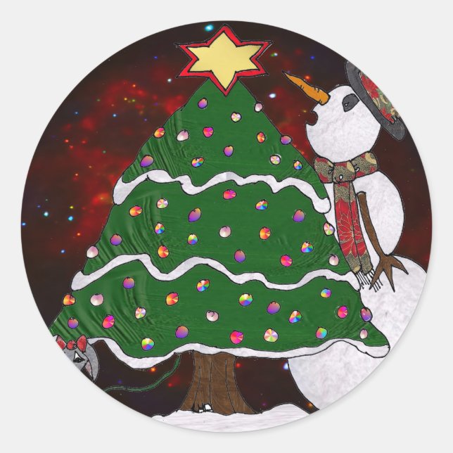 Christmas Tree Snowman Surprise Art Print Classic Round Sticker (Front)