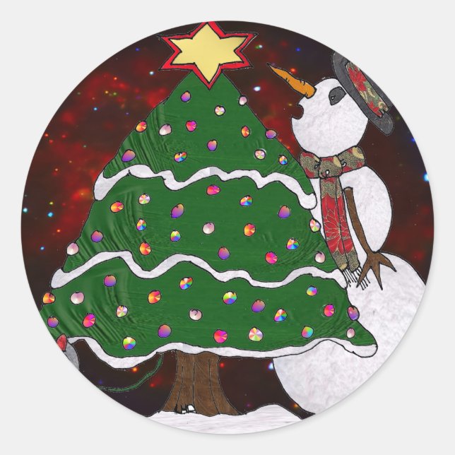 Christmas Tree Snowman Surprise Art Print Classic Round Sticker (Front)