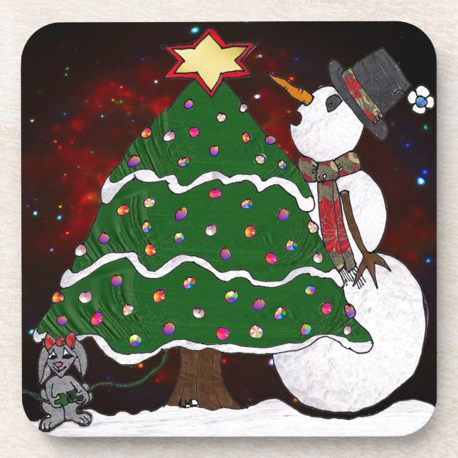 Christmas Tree Snowman Surprise Art Print Coaster (Front)