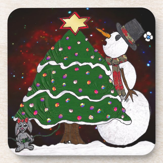 Christmas Tree Snowman Surprise Art Print Coaster (Front)