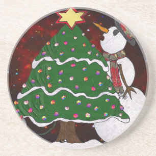Christmas Tree Snowman Surprise Art Print Coaster