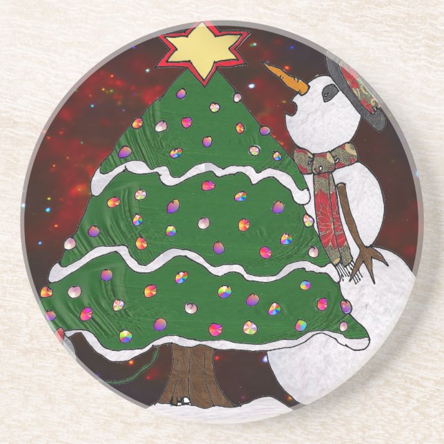 Christmas Tree Snowman Surprise Art Print Coaster (Front)
