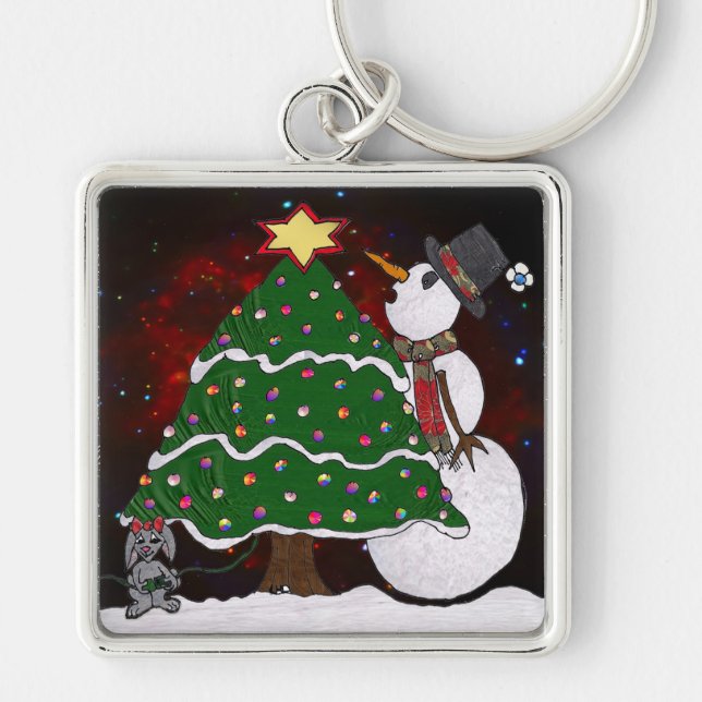 Christmas Tree Snowman Surprise Art Print Key Ring (Front)