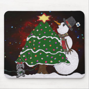 Christmas Tree Snowman Surprise Art Print Mouse Mat