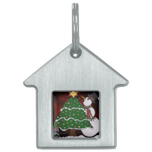 Christmas Tree Snowman Surprise Art Print Pet Name Tag