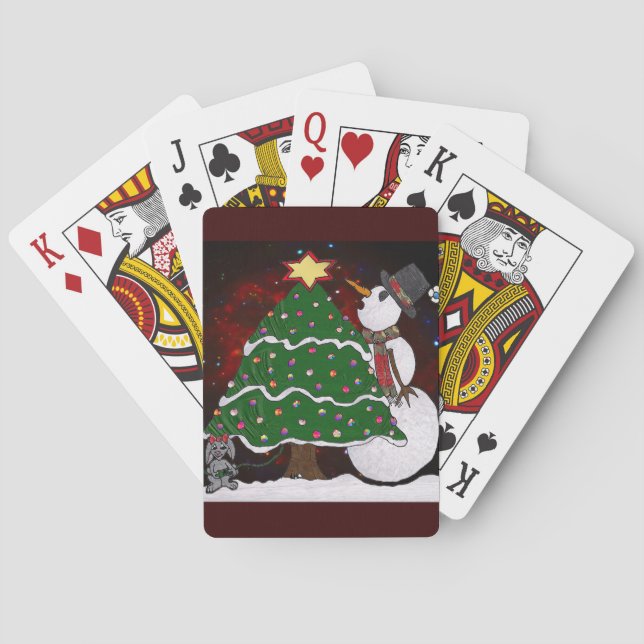 Christmas Tree Snowman Surprise Art Print Playing Cards (Back)